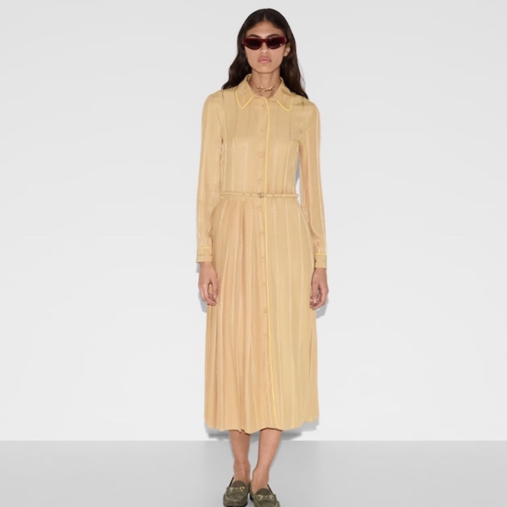 Gucci Silk Jacquard Shirt Dress Caramel  w/ yellow piping. IT42 US 6. $6300.NWT